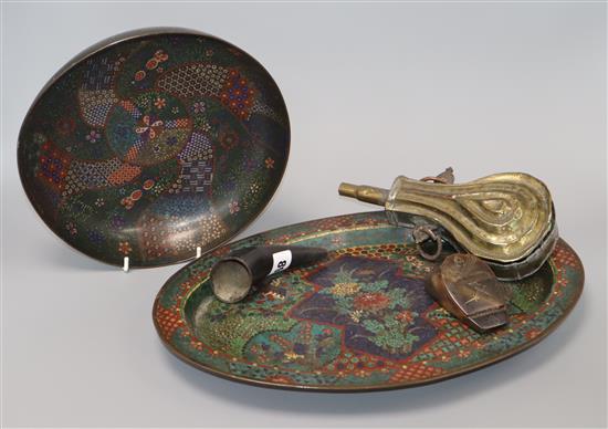 A brass powder flask, two cloisonne dishes, etc
